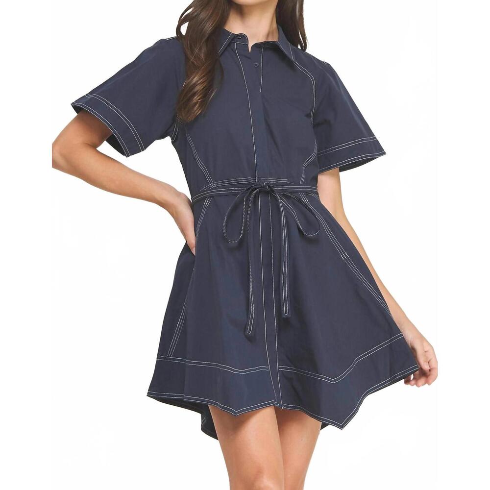 NEW STRUT & BOLT mia contrast stitch belted mini dress in navy/white